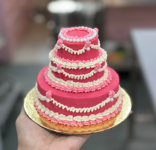 Vintage Hot Pink & White Mini Tier Cake